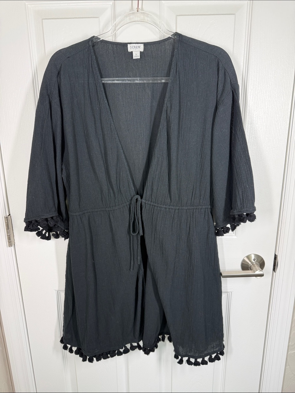 J Crew black cotton tassel tie front bathing suit swim coverup kimono size large